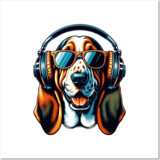 Basset Hound Smiling DJ with Headphones Japanese Art Posters and Art